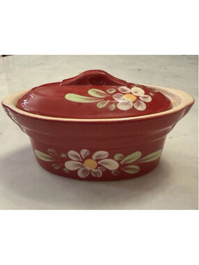 Vintage Poterie Beck France Hand Painted Red Stork Daisy Ceramic Mini Terrine